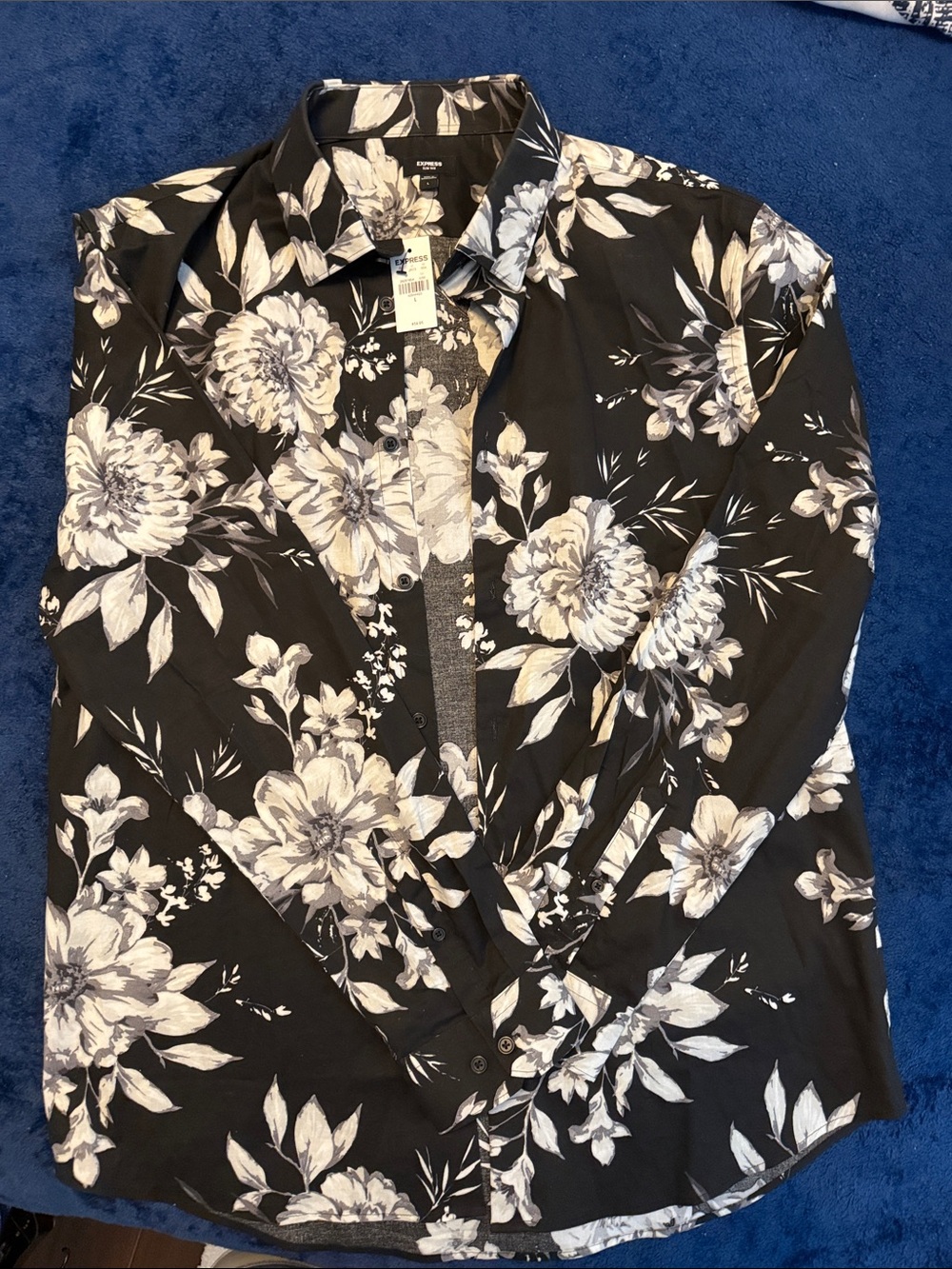 Men's Black Floral Button-Down Shirt - Modern Fit Express Slim 1MX - Picture 4 of 6